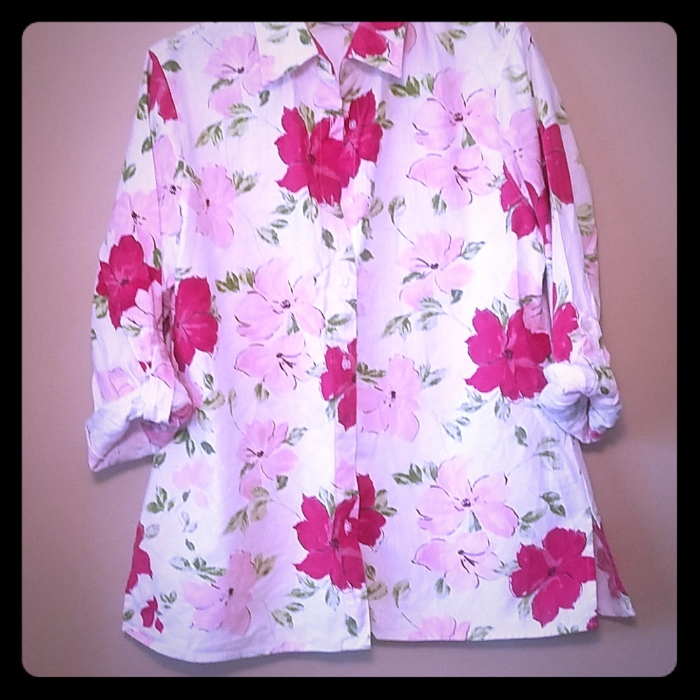 Kim Rogers floral button down shirt 55%linen